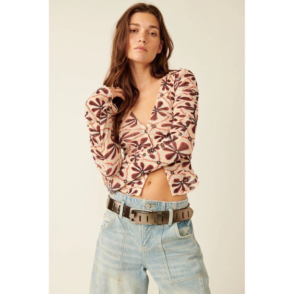 Free People Through the Meadow Ruched Mesh Top Ivory‎ Comb Women's Size M NWT